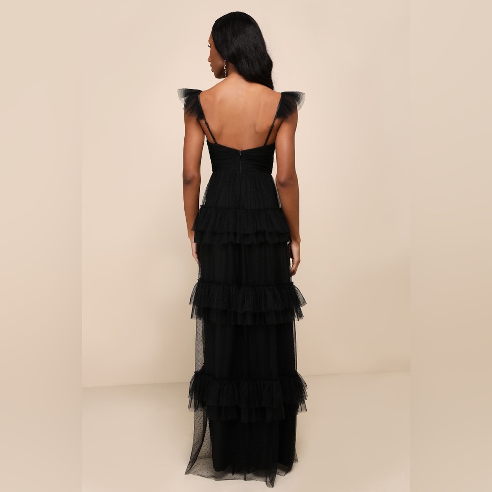 Lulus Pure Radiance Black Mesh Swiss Dot Tiered Maxi Dress, Size M - Picture 10 of 14